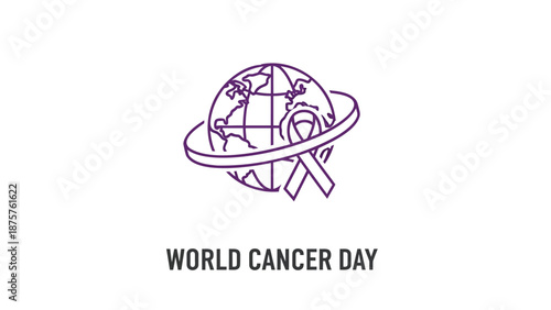 Purple world cancer day illustration with globe and ribbon symbolizing global unity and awareness against cancer