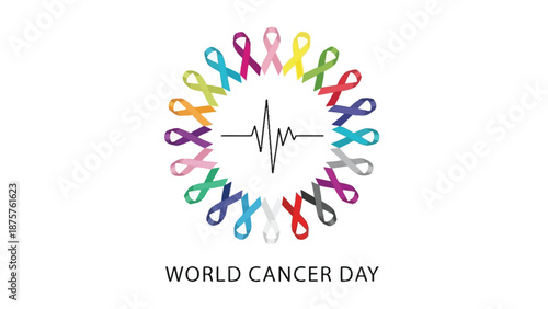 Colorful ribbons forming a circle around a heartbeat symbol for world cancer day awareness campaign illustration