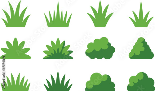 Green Grass and Bushes Outline Icon Set  Lawn, Shrubs, and Garden Elements