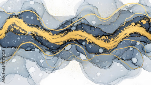 Flowing navy blue and gold glitter alcohol ink texture background | Luxury abstract art print wallpaper with golden wavy lines | Modern elegant watercolor marbled paint design | 