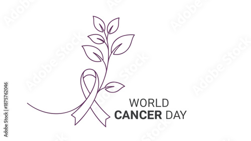 World cancer day illustration with ribbon and leaves symbolizing awareness and hope for cancer research and support