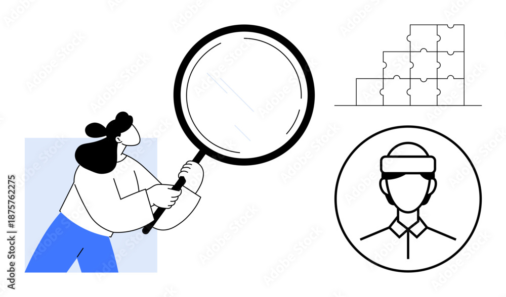 Fototapeta premium Data analysis concept. Data analysis as focus and inspection with magnifying glass, puzzle pieces, and user profile icon. Data analysis for business, research, solutions, user insights, strategy