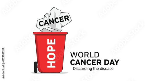 Red trash can with 'hope' label discarding cancer awareness ribbon on world cancer day