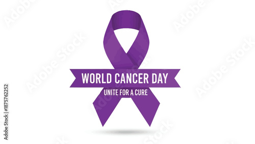 Purple ribbon with world cancer day banner unite for a cure symbol awareness campaign healthcare advocacy white background vector illustration
