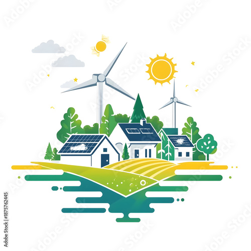 Sustainable living concept a vibrant illustration of a green community powered by solar panels and wind turbines, emphasizing clean energy and environmental harmony