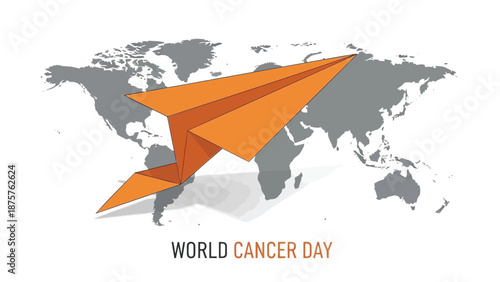Orange paper airplane flying over gray world map on white background for world cancer day awareness campaign illustration