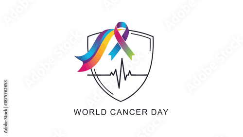 Colorful ribbon symbolizing cancer awareness with heartbeat line inside a shield on world cancer day