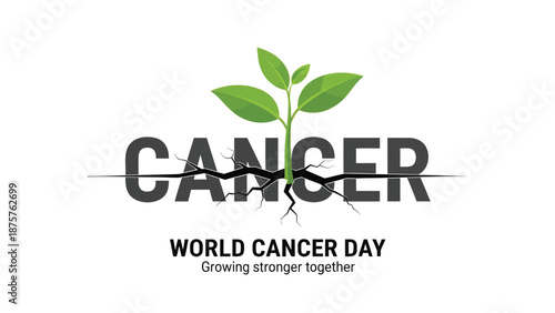 World cancer day concept with green sprout growing through cracked cancer text symbolizing hope and resilience in the fight against cancer