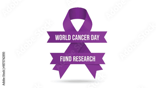Purple ribbon with 'world cancer day fund research' text on banners for awareness campaign