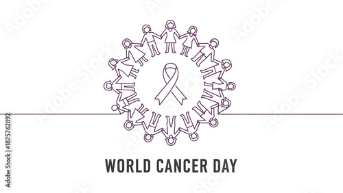 World cancer day illustration with ribbon and people forming a circle black and white design awareness symbol