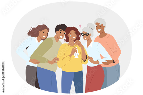 Group psychological help and support from family or friends for crying woman. Psychological support is provided by young and old people who want to save unfortunate girl from stress