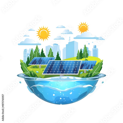Dynamic illustration of a sustainable urban landscape, powered by clean solar energy, symbolizing ecological balance, green technology, and a future reliant on renewable resources