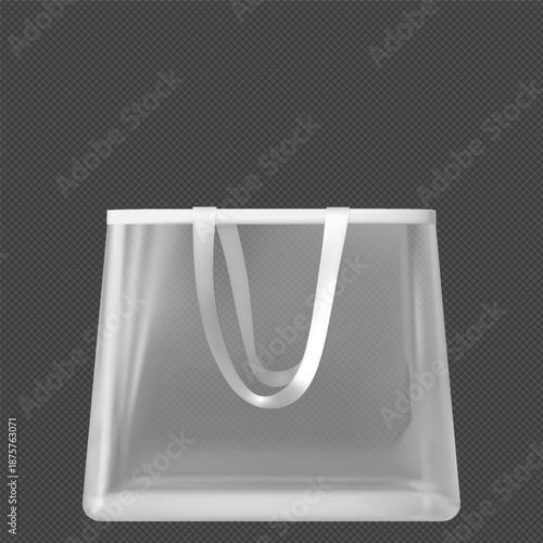 Transparent tote bag with handles, fashion white shopping pouch, empty plastic handbag pocket vector mockup front view