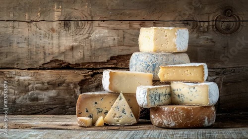 Various types of cheese stacked against rustic wooden background