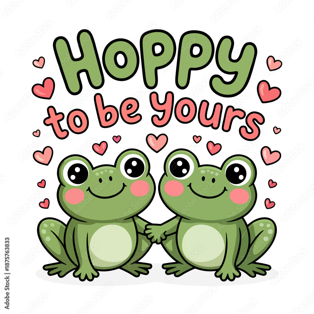Fototapeta premium frogs are depicted joyfully holding hands and surrounded by small pink hearts