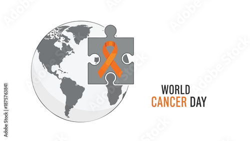 World cancer day illustration with orange ribbon puzzle piece on global map symbolizing unity and awareness