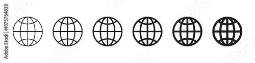 World globe grid icon set, set Earth globe hemispheres, website Internet address globe, WWW world wide web site symbol, linear striped globes in outline style