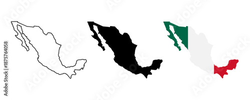 Mexico map icon collection, Mexico map sign vector set in outline, solid and nation flag style