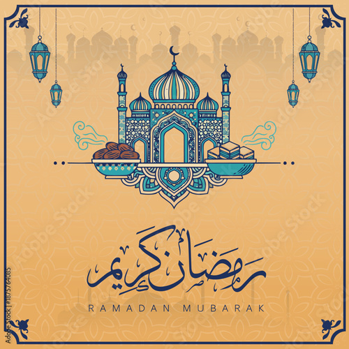 ramadan kareem in arabic calligraphy greetings with islamic moque and decoration, translated "happy ramadan" you can use it for greeting card, calendar, flier and poster - vector رمضان كريم