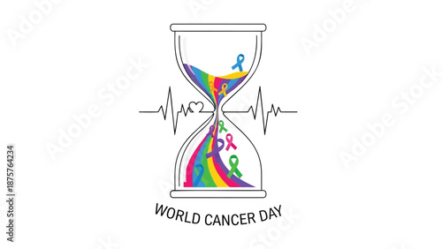 Colorful hourglass with ribbons and heartbeat line for world cancer day awareness campaign illustration