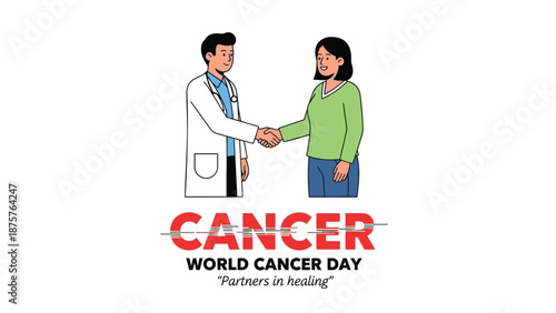 Doctor shaking hands with patient world cancer day illustration partners in healing support and care concept