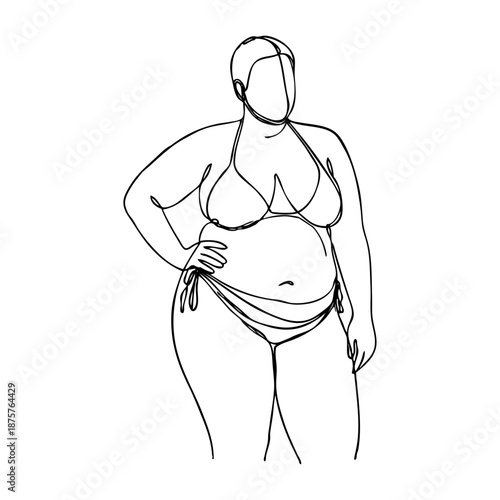 Dibujo sencillo con líneas de mujer con traje de baño o ropa interior con sobrepeso de pie