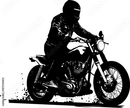 Vintage bike racing. Black and white graphic illustration of a motorcyclist riding a vintage chopper motorcycle