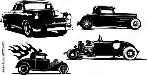 Set of vintage hot rod cars. Black and white illustration of custom roadsters, stylized flames, isolated on white background