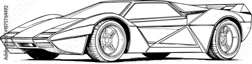 Detailed outline drawing of a retro sports car with large racing wheels and aerodynamic body for automotive design sketch, coloring page, and engineering illustration