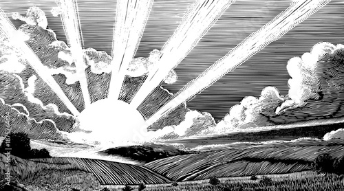 Dramatic sunrise breaking through clouds over rolling hills in vintage woodcut engraving illustration