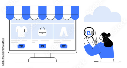 E-commerce concept. E-commerce promoting online shopping experience and product analysis. E-commerce growing digital transactions and transforming marketing. For retail, sales, analysis, SaaS, UX