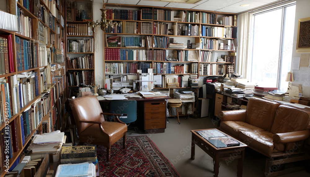 Obraz premium A room filled with books and papers for study or research