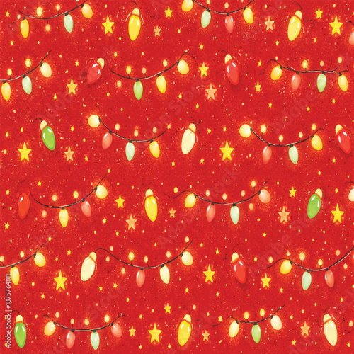 A modern seamless Christmas-inspired pattern featuring tiny glowing string lights, light bulbs, stars, and sparkling dots arranged in a repeating layout. Designed in a minimal flat vector style with w