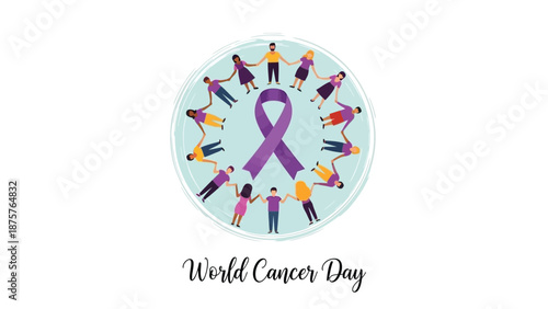 Diverse group of people holding hands around purple ribbon for world cancer day awareness campaign illustration
