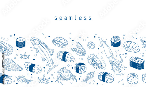 Seamless sushi pattern with hand drawn line illustrations of fish, seafood, rolls and ingredients. Minimal blue outline vector design for packaging, restaurant branding, textiles and wallpapers.