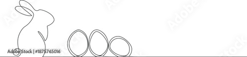 Trendy continuous monoline drawing of a standing Easter bunny and three decorative eggs, perfect for spring holiday greeting card design.