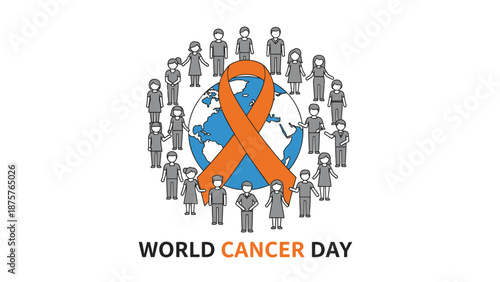World cancer day illustration with orange ribbon and people around the globe symbolizing awareness and unity