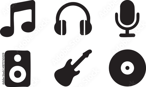 Black music including note headphones microphone speaker guitar and C D eighth audio
