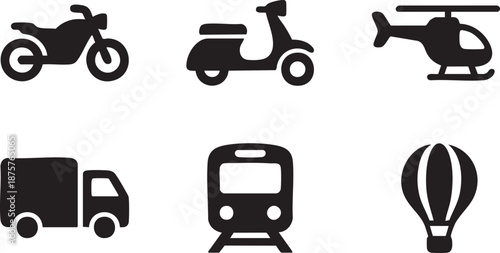 Black of a motorcycle scooter helicopter truck train hot air balloon