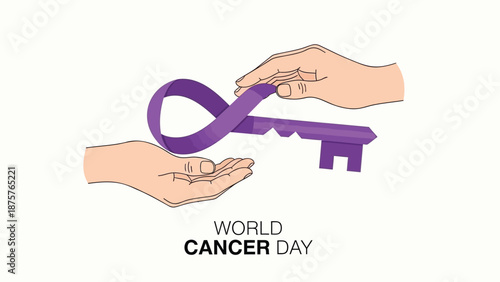 Hands exchanging purple ribbon shaped key for world cancer day awareness campaign illustration