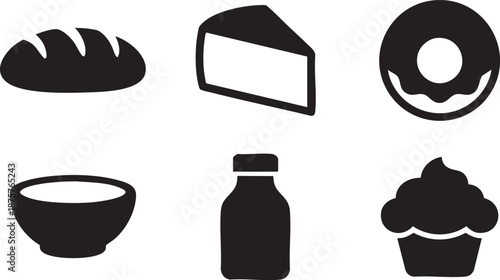 Black of bread cake donut bowl milk bottle and cupcake on white loaf slice