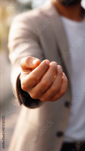 Close-up of a businessperson extending an open hand in invitation or support, shallow depth of field, clean corporate gesture for help, partnership and trust concept, generative AI