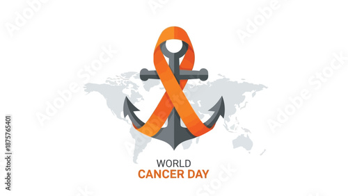 Orange ribbon wrapped anchor symbolizing hope and strength for world cancer day against a global map background