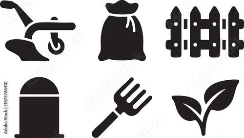 Black of farming equipment and plants on white background agriculture plow plough