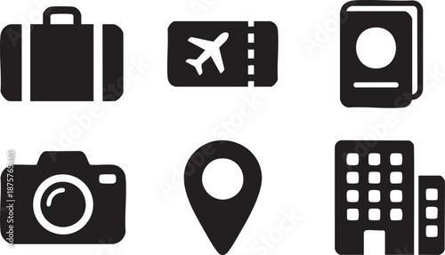 Black of luggage airplane ticket passport camera map pin and buildings suitcase travel