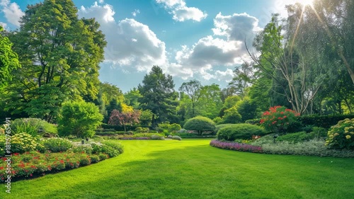 Well-manicured vibrant garden with lush greenery and colorful flowers under sunny sky