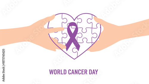 Hands holding a heart shaped jigsaw puzzle with purple ribbon for world cancer day awareness campaign
