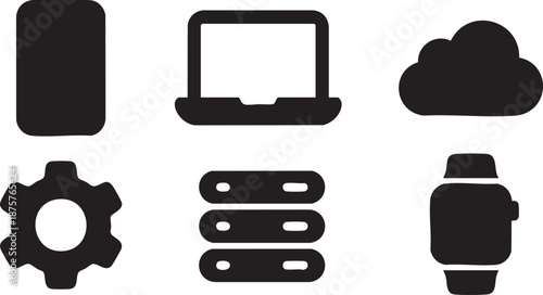 Black of smartphone laptop cloud gear server and smartwatch on white background