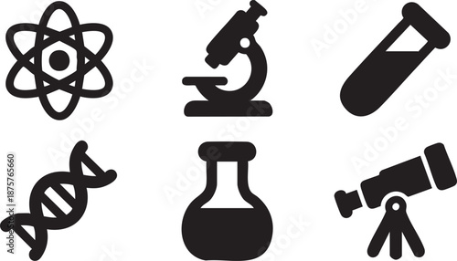 Black science atom dna microscope test tube flask telescope molecule