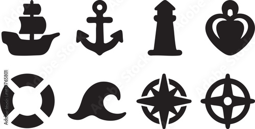 Black silhouette of a sailing ship anchor lighthouse crown lifebuoy wave compass rose and ship wheel